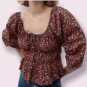ZARA cotton floral crop top blouse puff sleeves Sz L
